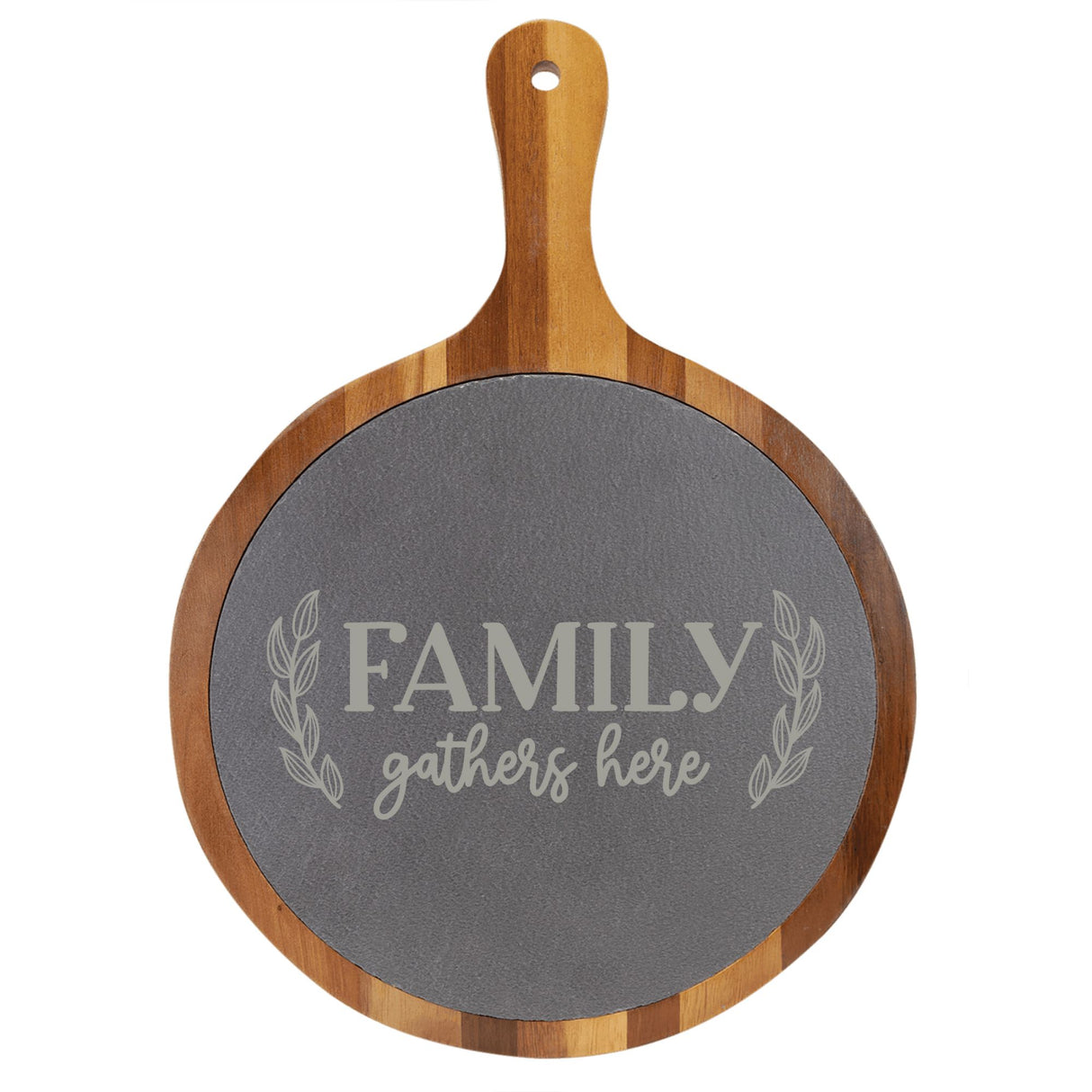 "Family Gathers Here" Round Acacia Wood/Slate Cutting Board - Laser Engraved