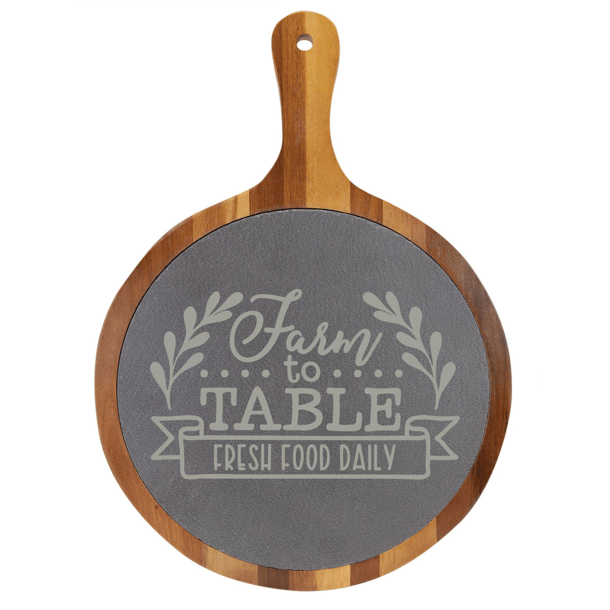 "Farm to Table" Round Acacia Wood/Slate Cutting Board - Laser Engraved