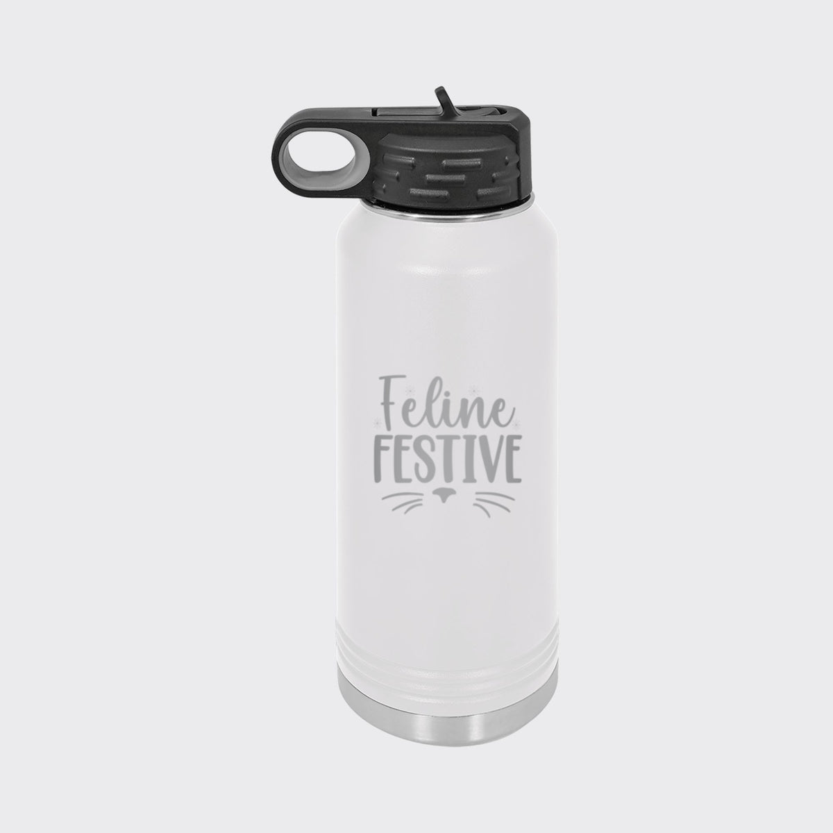 White 32 oz insulated water bottle laser engraved with "Feline Festive"