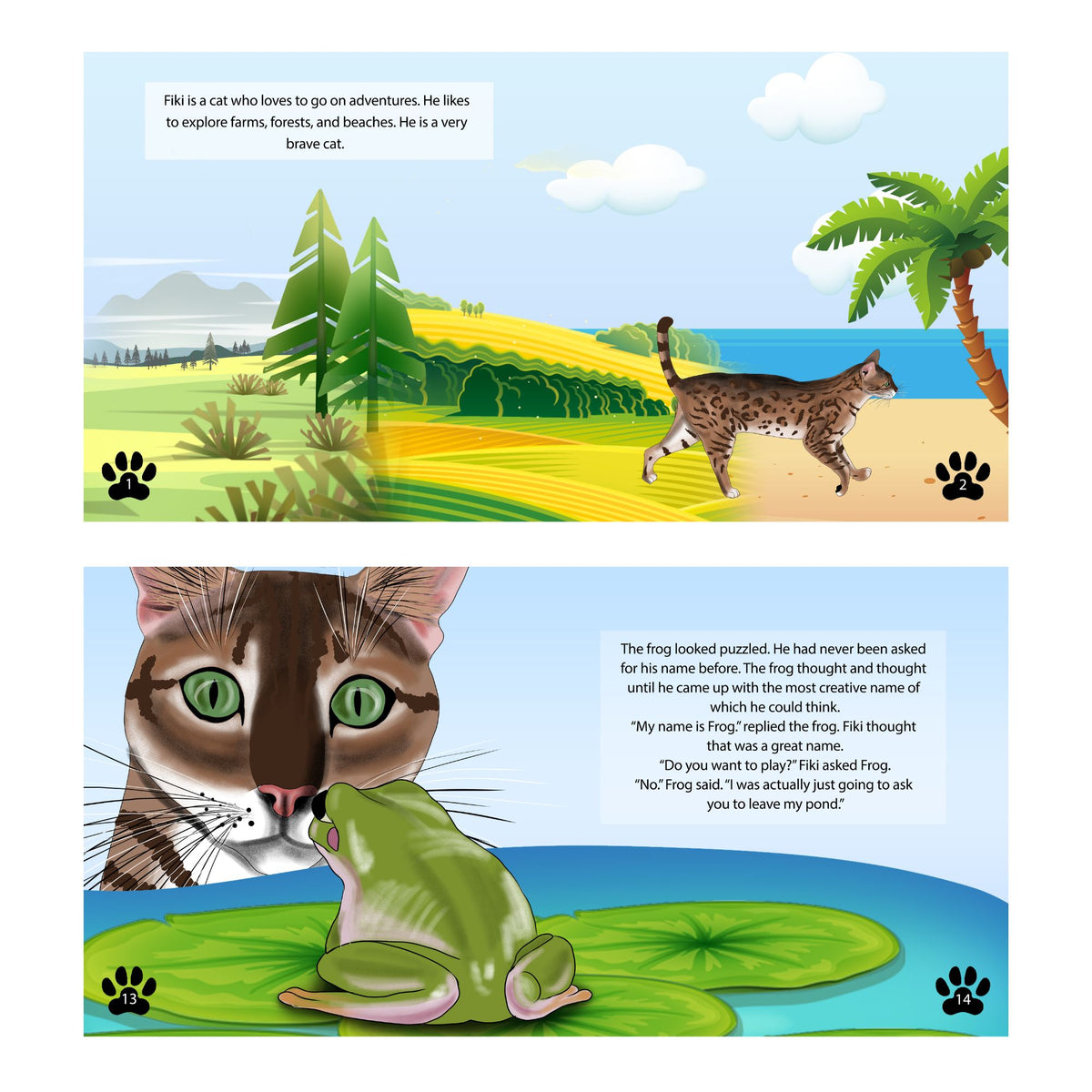 2 interior pages of fiki and the frog children's book.
