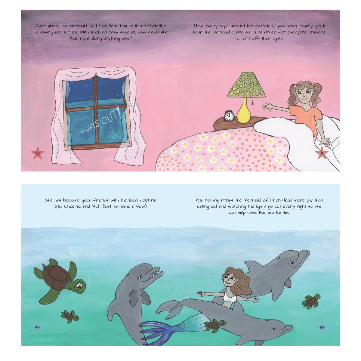 Inside pages of the first edition of The Mermaid of Hilton Head showing Nina Leipold's illustrations