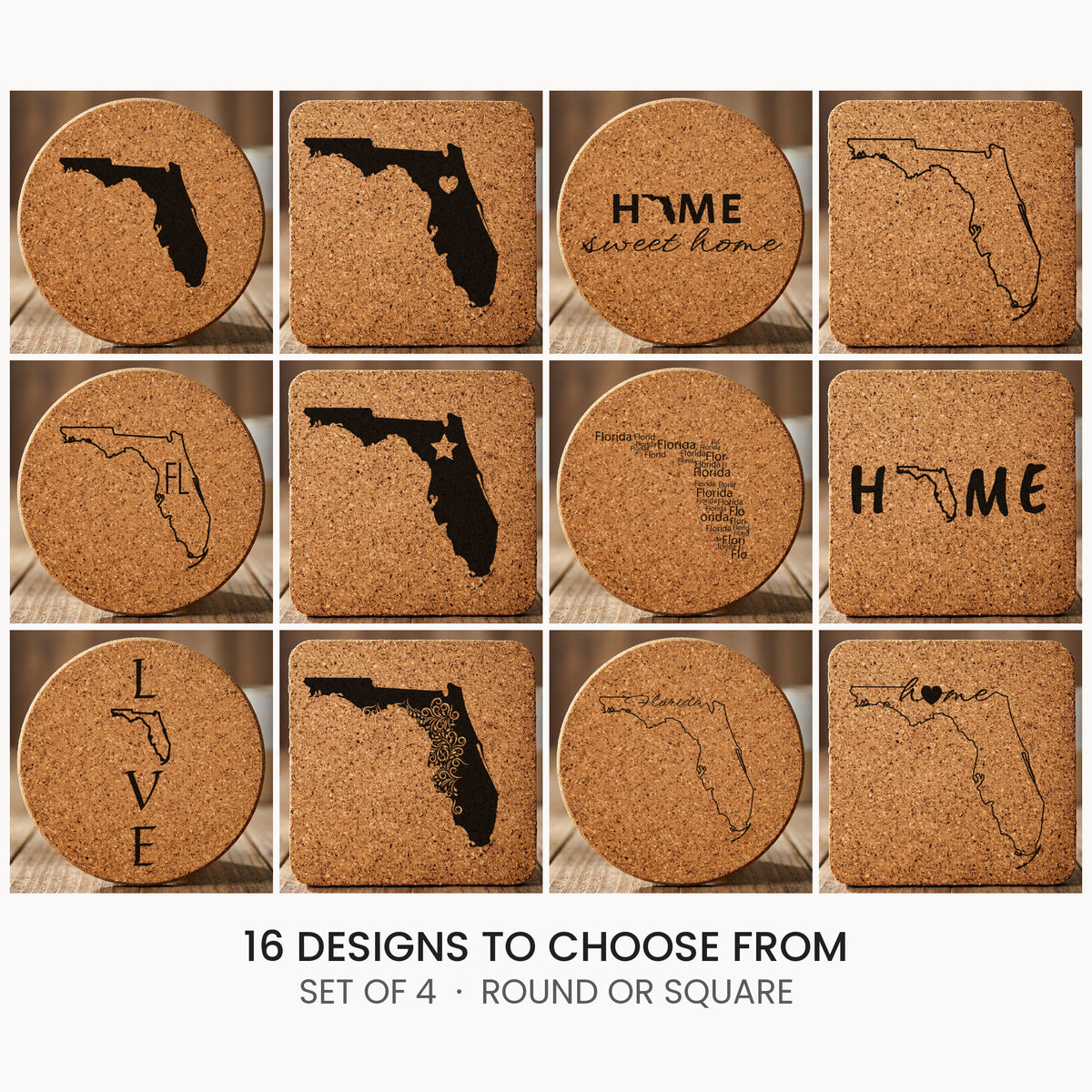 Florida cork coaster set, laser engraved natural cork