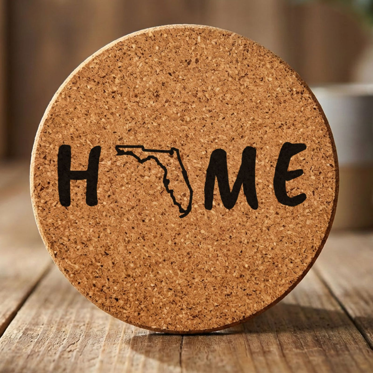 Florida round cork coaster engraved with HOME using the state outline as the letter O