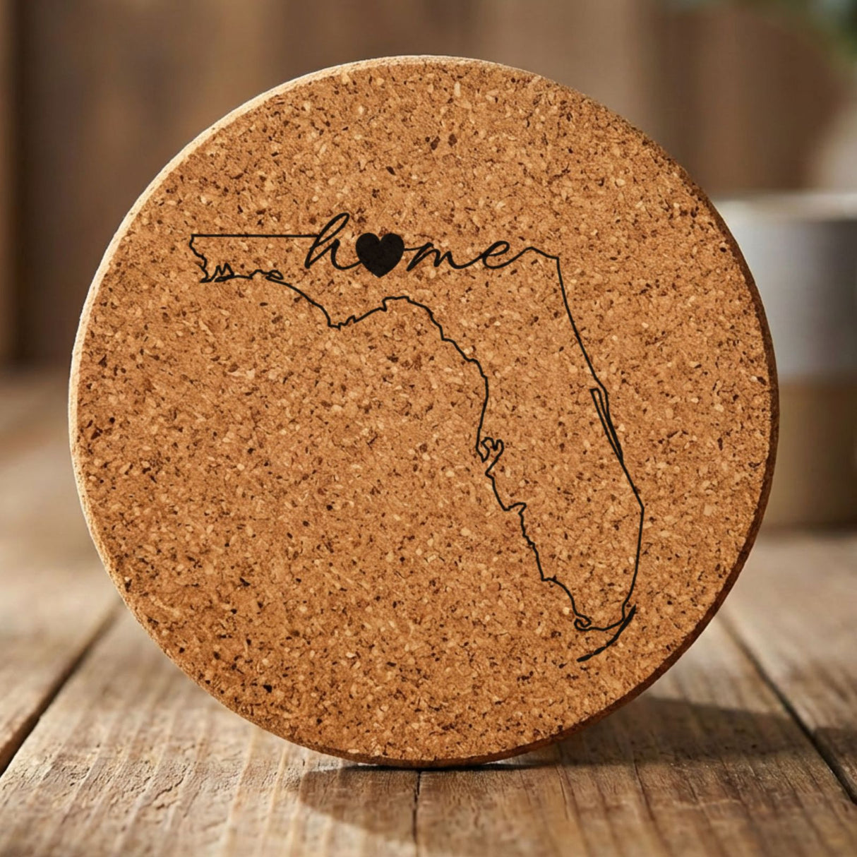 Florida round cork coaster engraved with the state outline and home in script with a heart