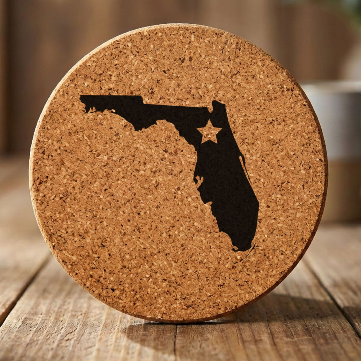 Florida round cork coaster engraved with the state shape and a star