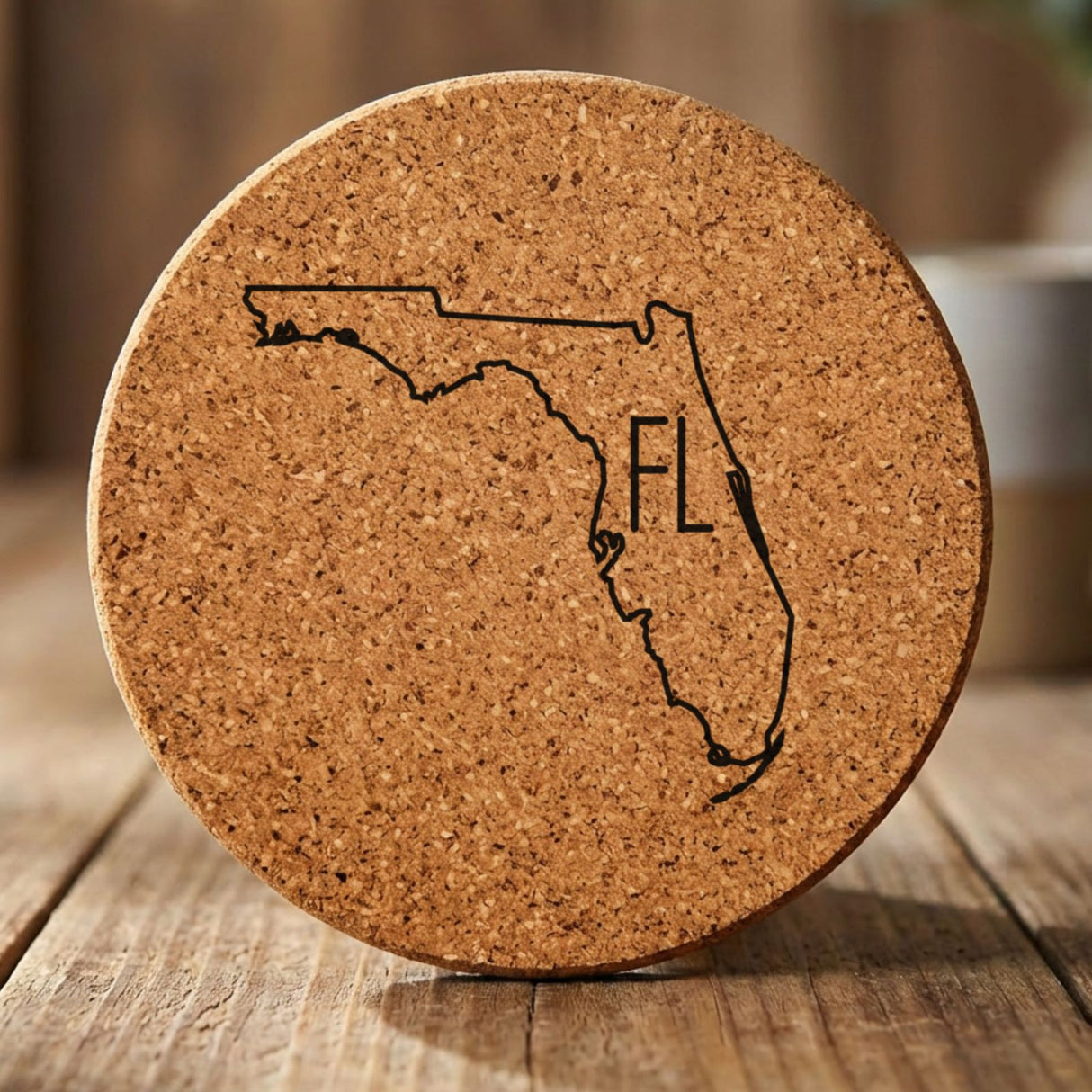 Florida round cork coaster engraved with the state outline and FL initials