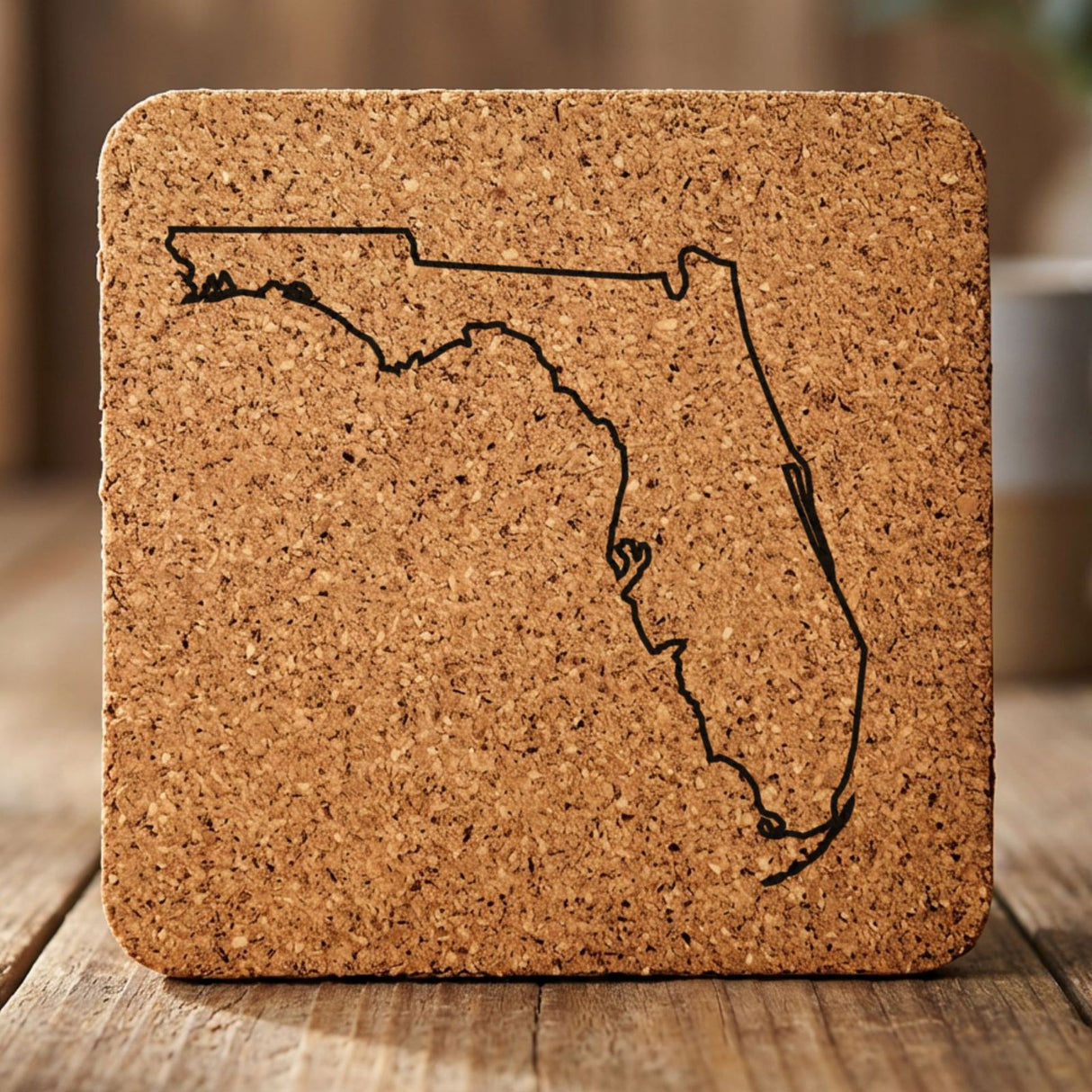 Florida square cork coaster engraved with a clean state outline