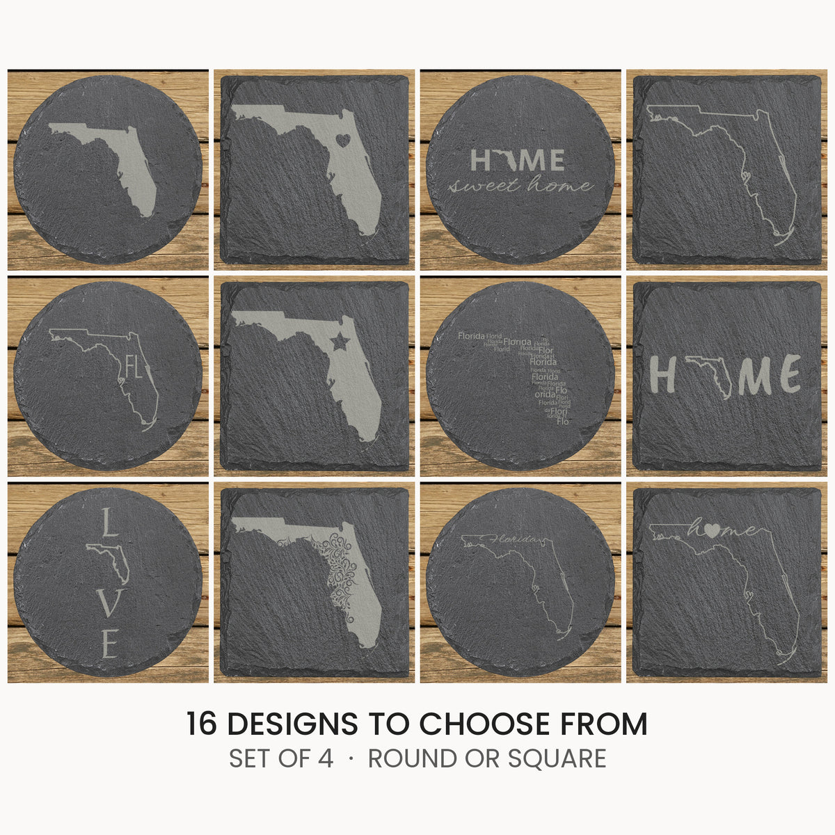 Florida slate coaster set, laser engraved natural stone