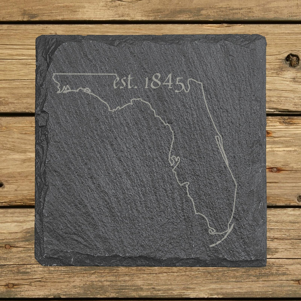 Florida square slate coaster engraved with the state outline and est. 1845