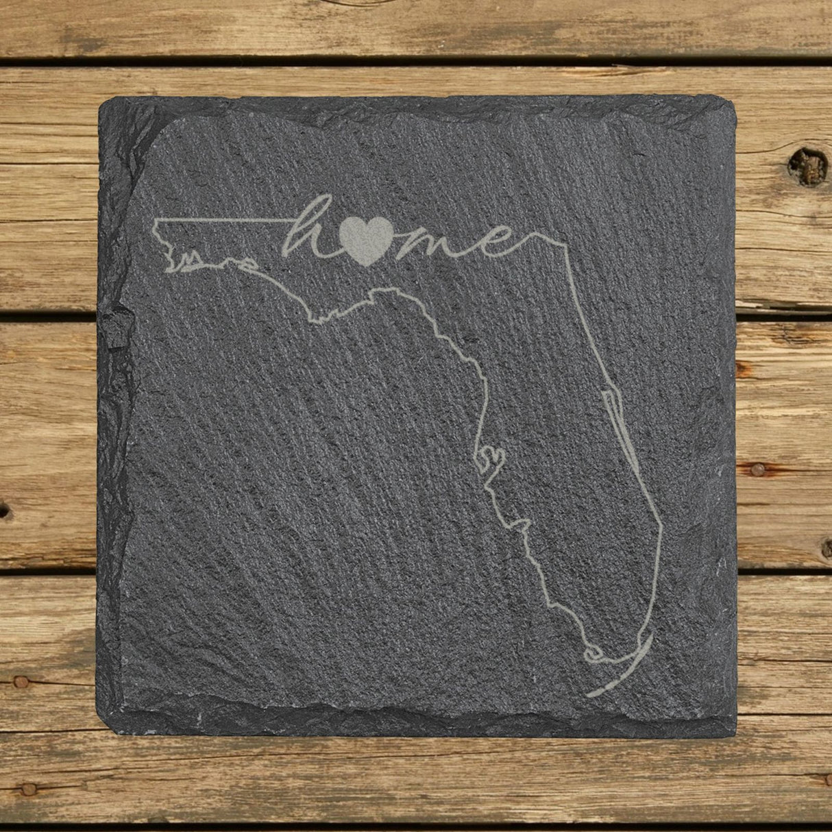 Florida square slate coaster engraved with the state outline and home in script with a heart