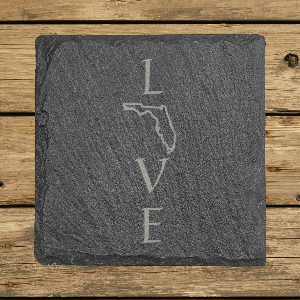 Florida square slate coaster engraved with LOVE stacked vertically using the state as the letter O