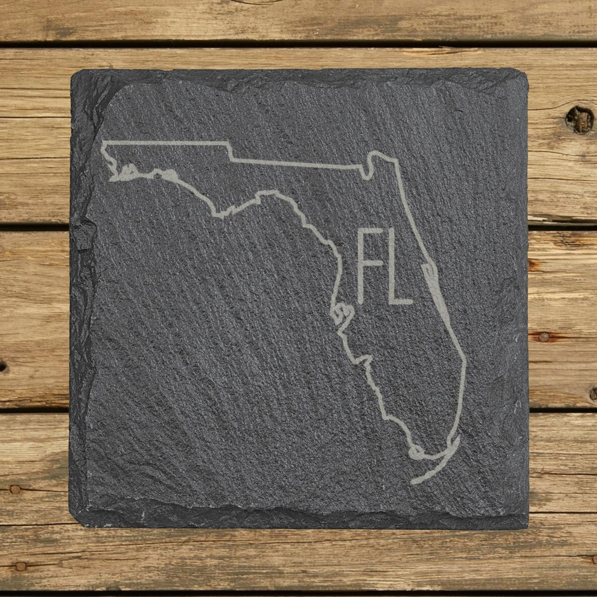Florida square slate coaster engraved with the state outline and FL initials