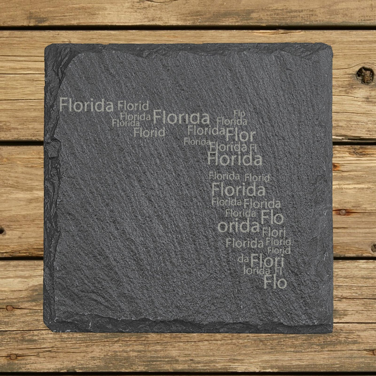 Florida square slate coaster engraved with a word cloud of repeating Florida text