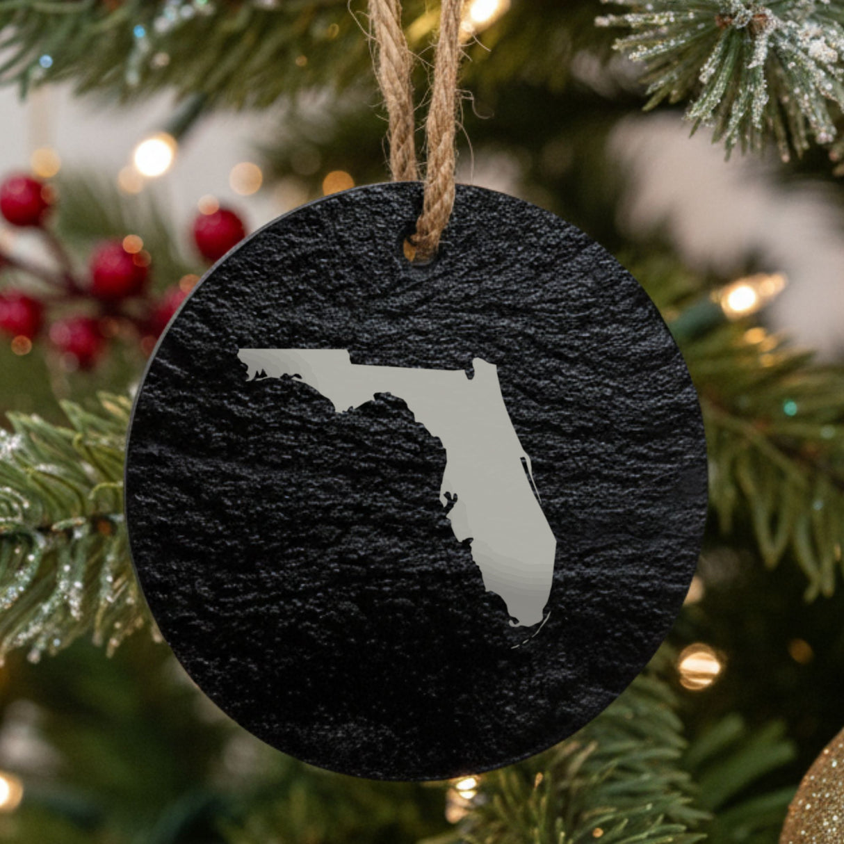 Florida round slate Christmas ornament with the full state shape engraved