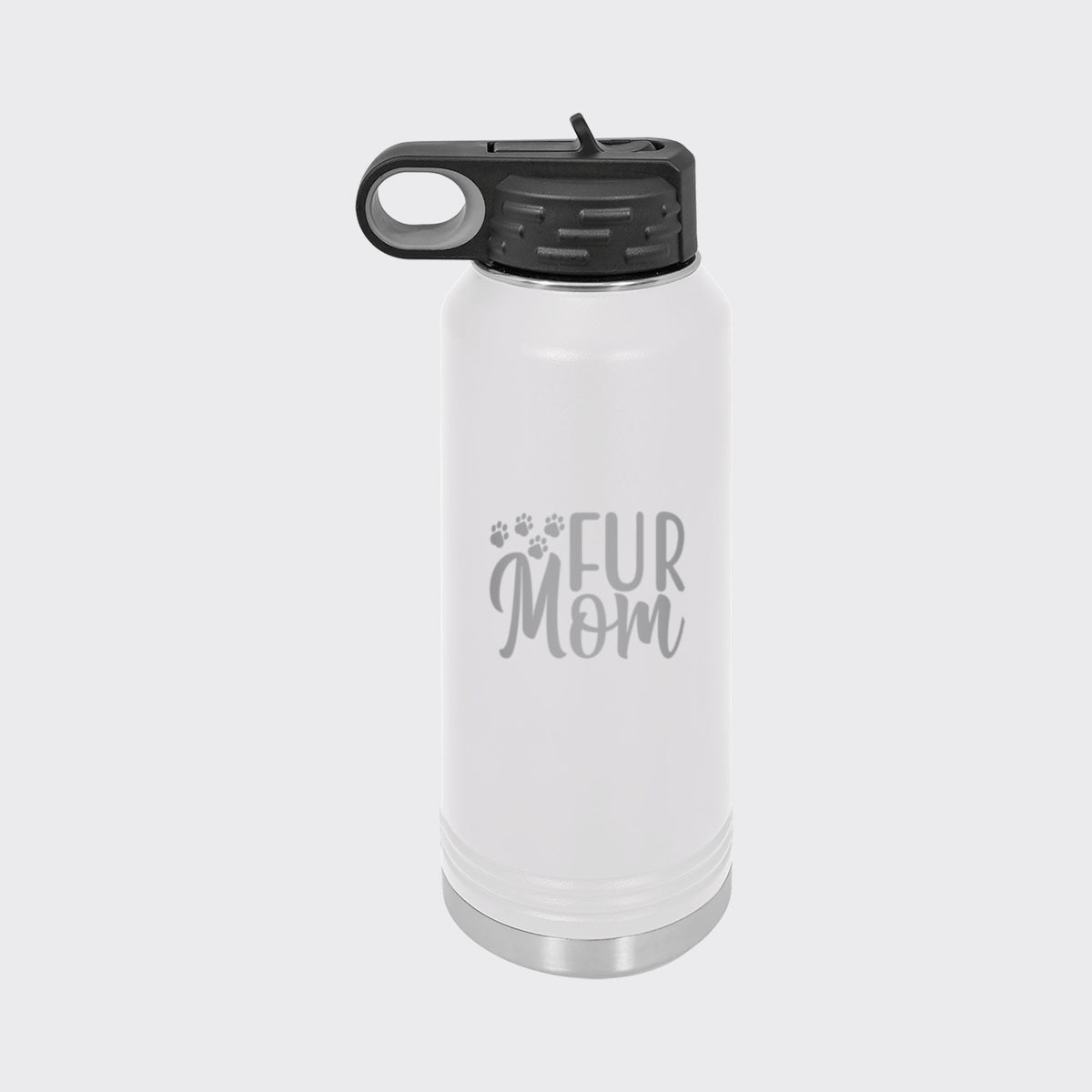 White 32 oz insulated water bottle laser engraved with "Fur Mom"