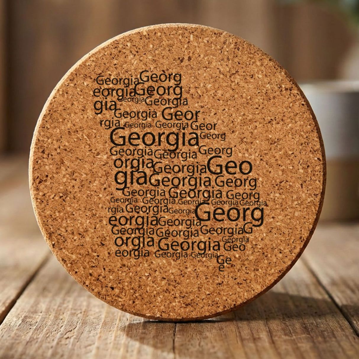 Georgia round cork coaster engraved with a word cloud of repeating Georgia text
