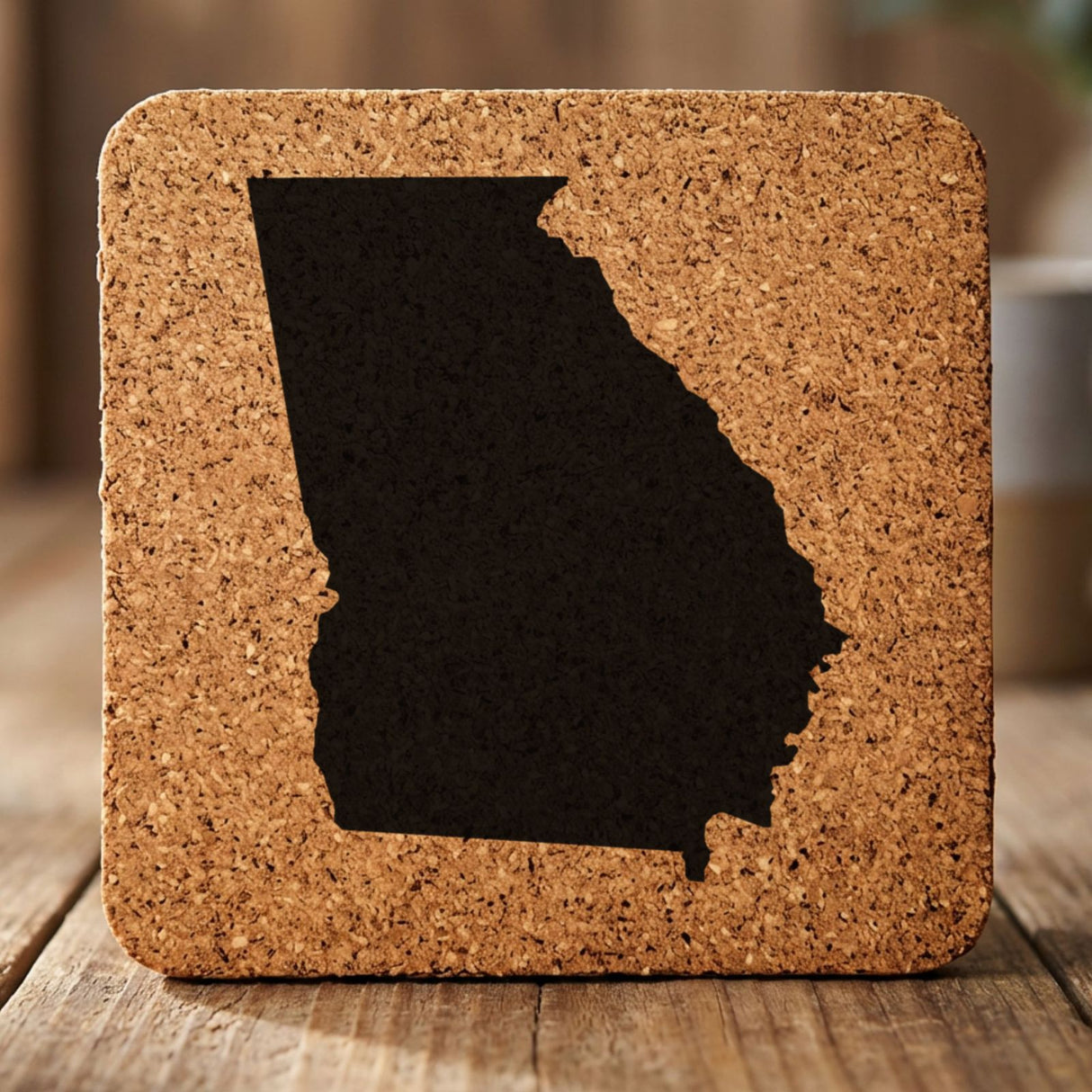 Georgia square cork coaster with the full state shape engraved