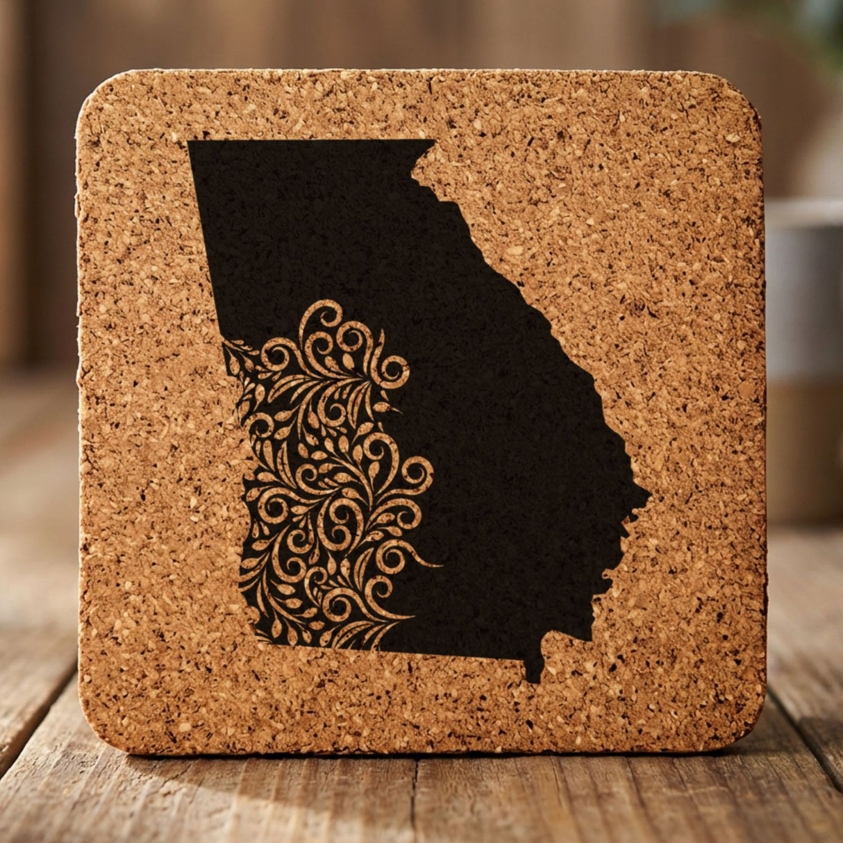 Georgia square cork coaster engraved with the state shape in ornate floral scrollwork