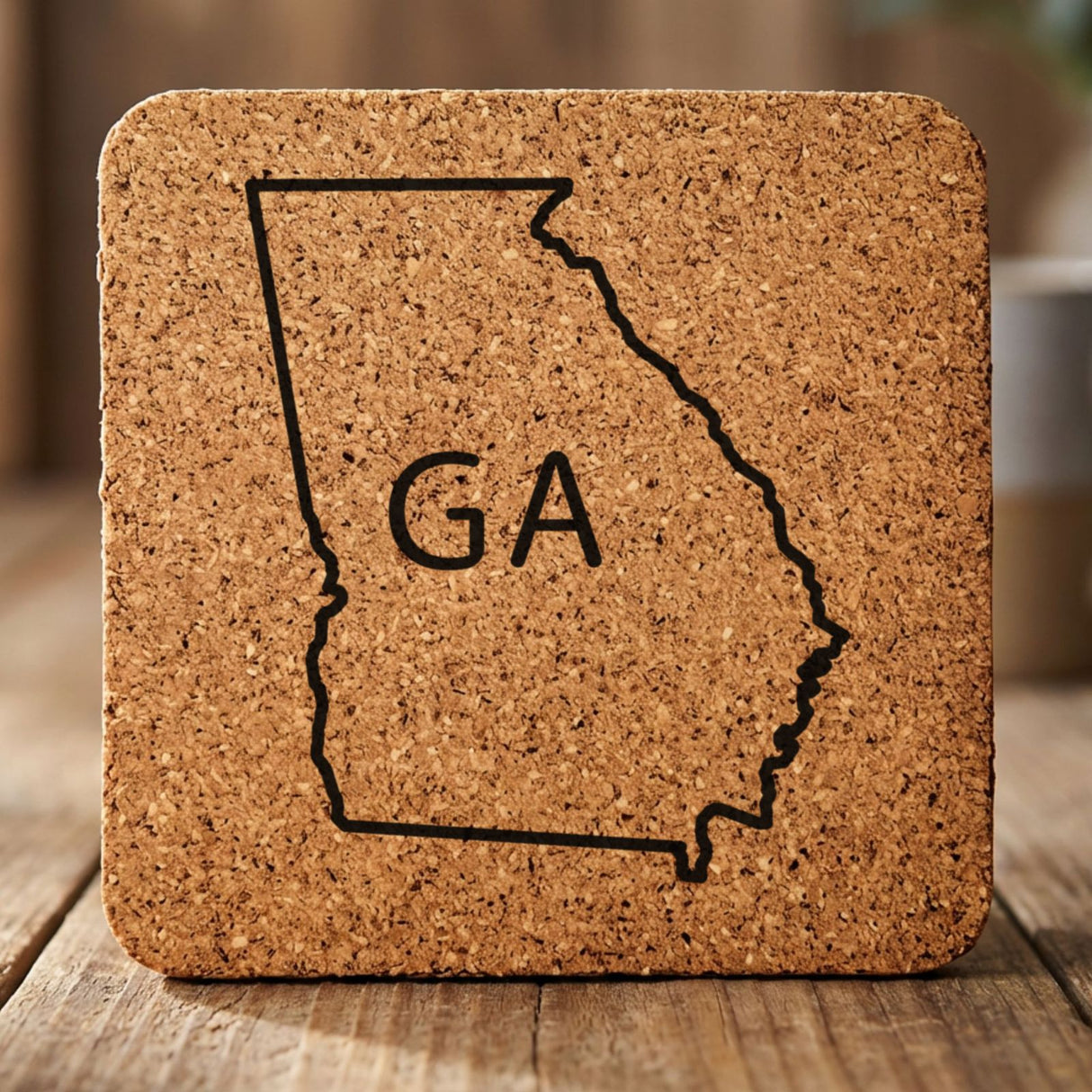 Georgia square cork coaster engraved with the state outline and GA initials