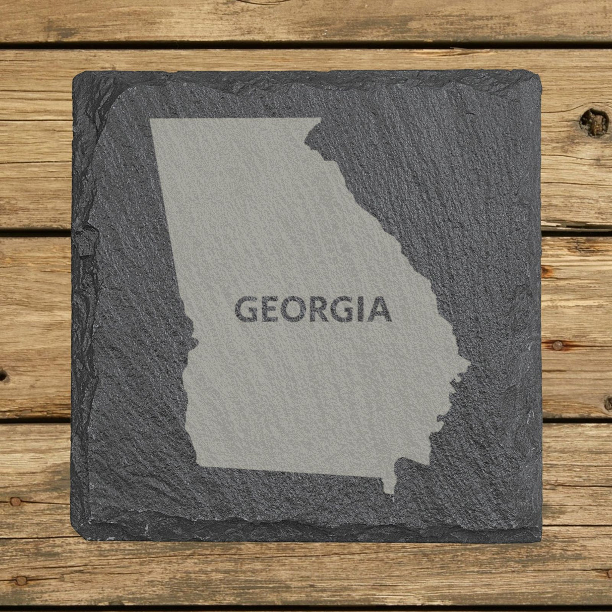 Georgia square slate coaster engraved with the state shape and GEORGIA in bold lettering