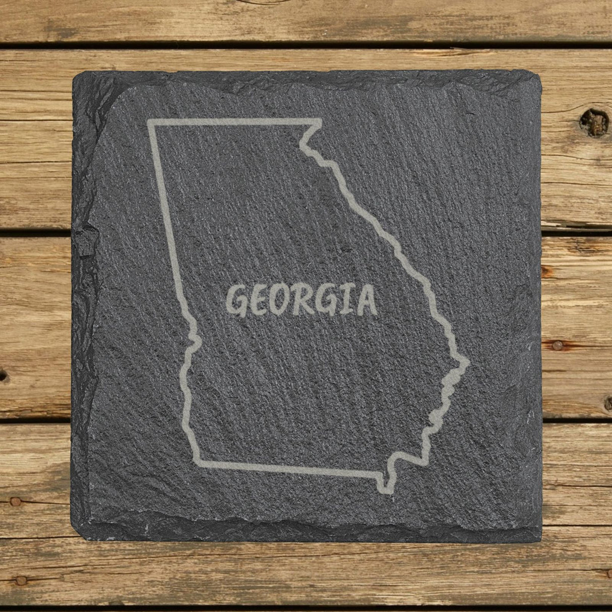 Georgia square slate coaster engraved with the state outline and GEORGIA in hand-drawn brush lettering