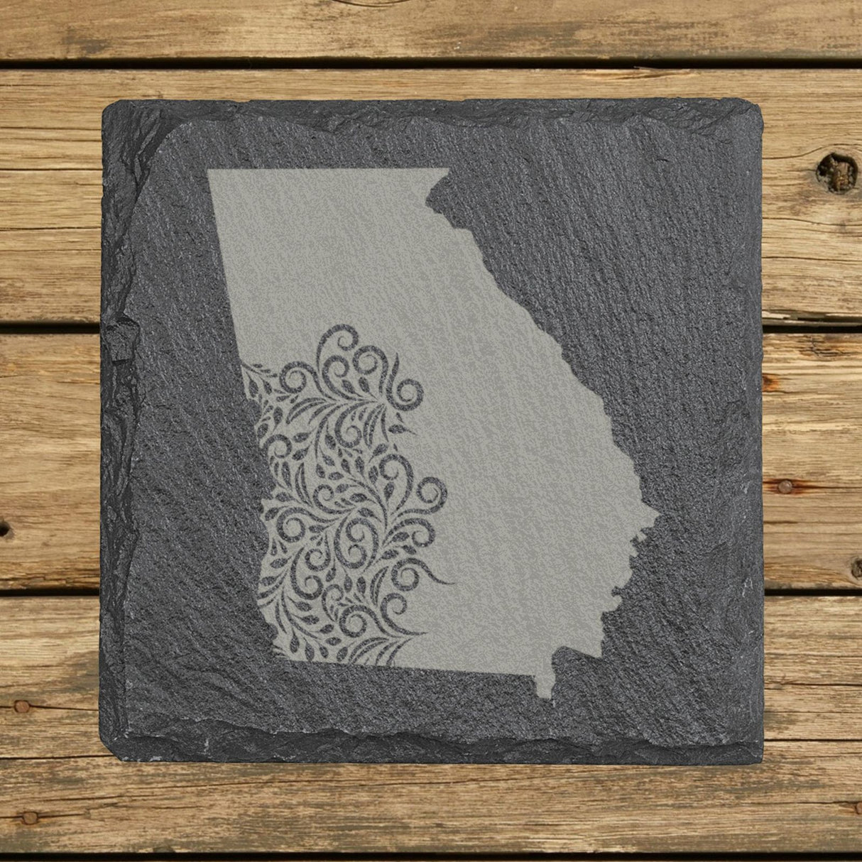 Georgia square slate coaster engraved with the state shape in ornate floral scrollwork