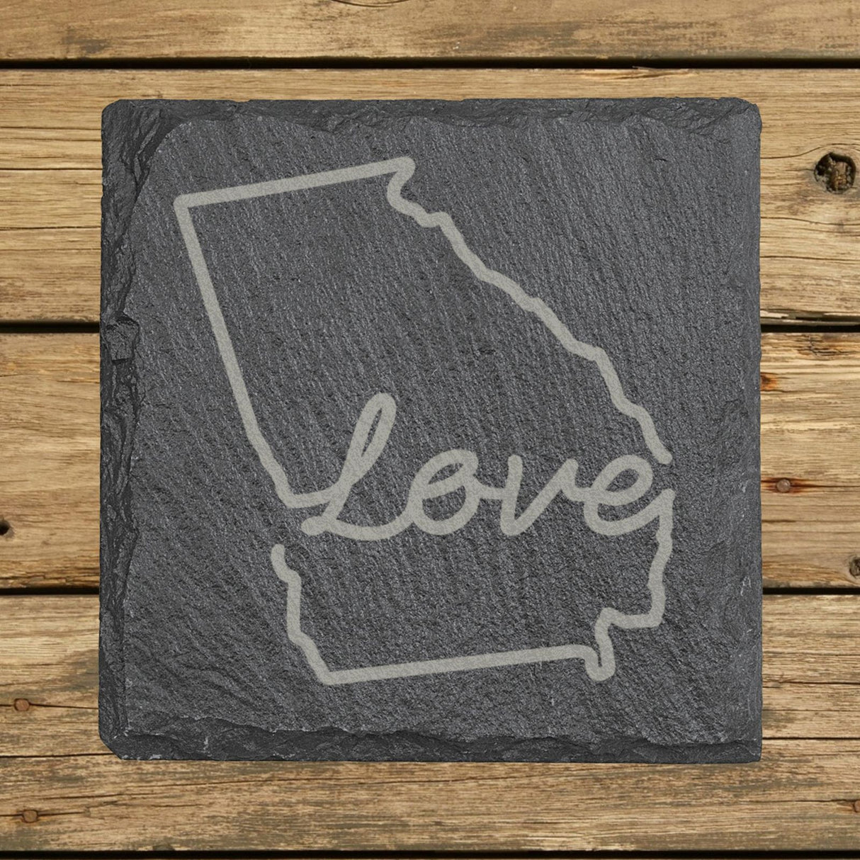 Georgia square slate coaster engraved with a hand-drawn state outline and love in cursive