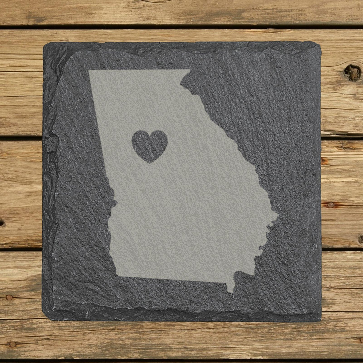 Georgia square slate coaster engraved with the state shape and a heart