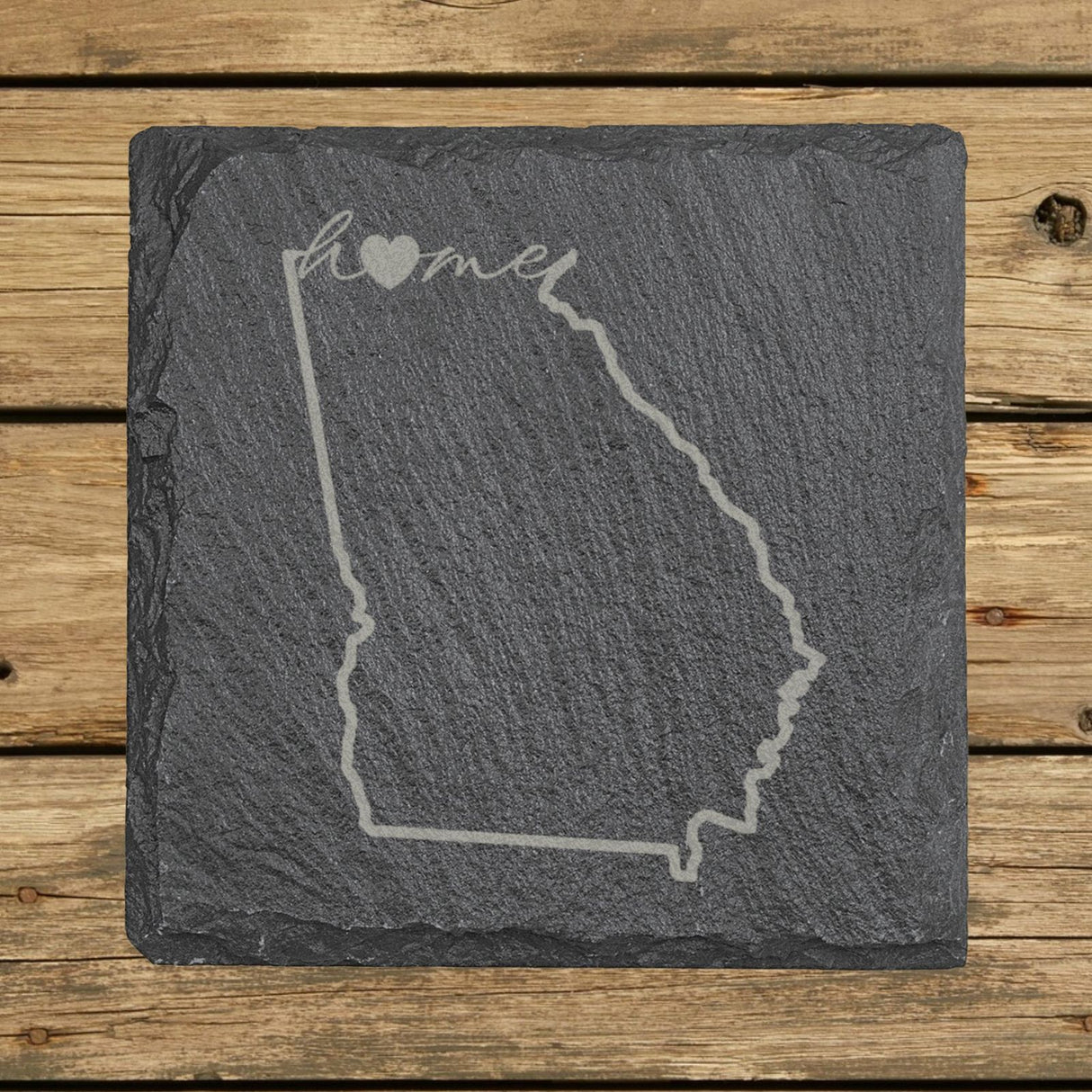 Georgia square slate coaster engraved with the state outline and home in script with a heart