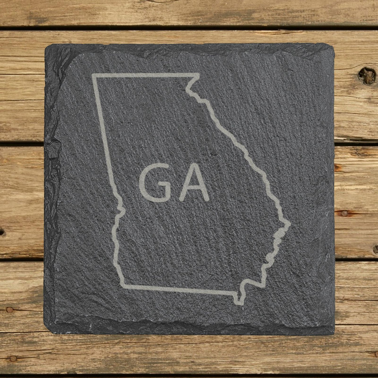 Georgia square slate coaster engraved with the state outline and GA initials