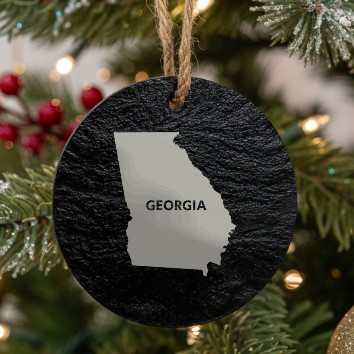 Georgia round slate Christmas ornament engraved with the state shape and GEORGIA in bold lettering