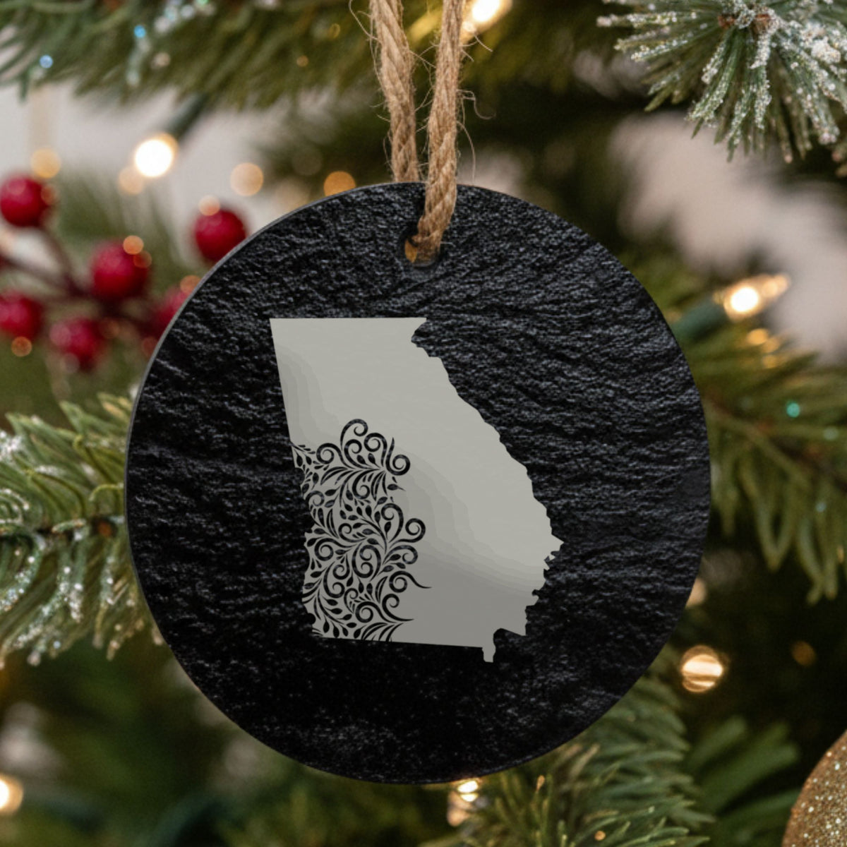 Georgia round slate Christmas ornament engraved with the state shape in ornate floral scrollwork