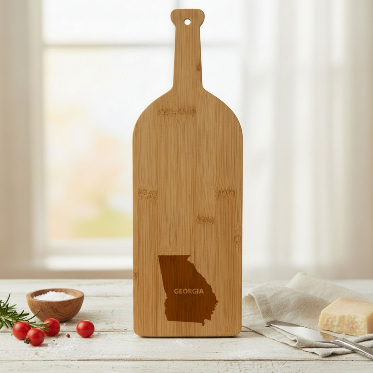 Bamboo wine bottle cutting board engraved with the Georgia Bold State Name design