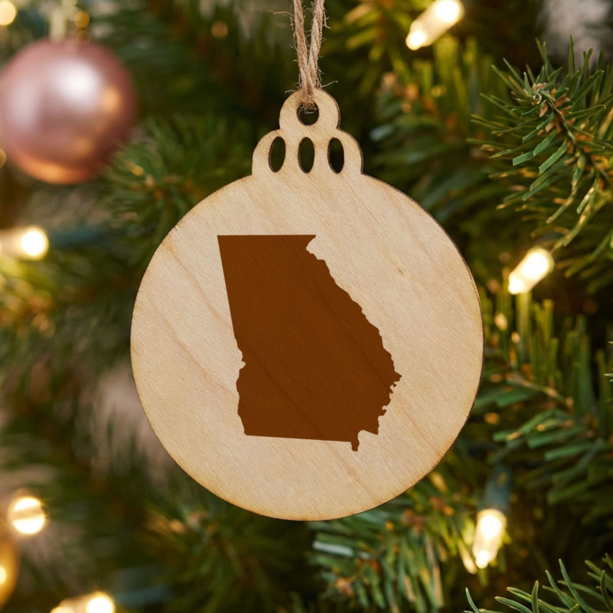 Georgia round wood Christmas ornament with the full state shape engraved