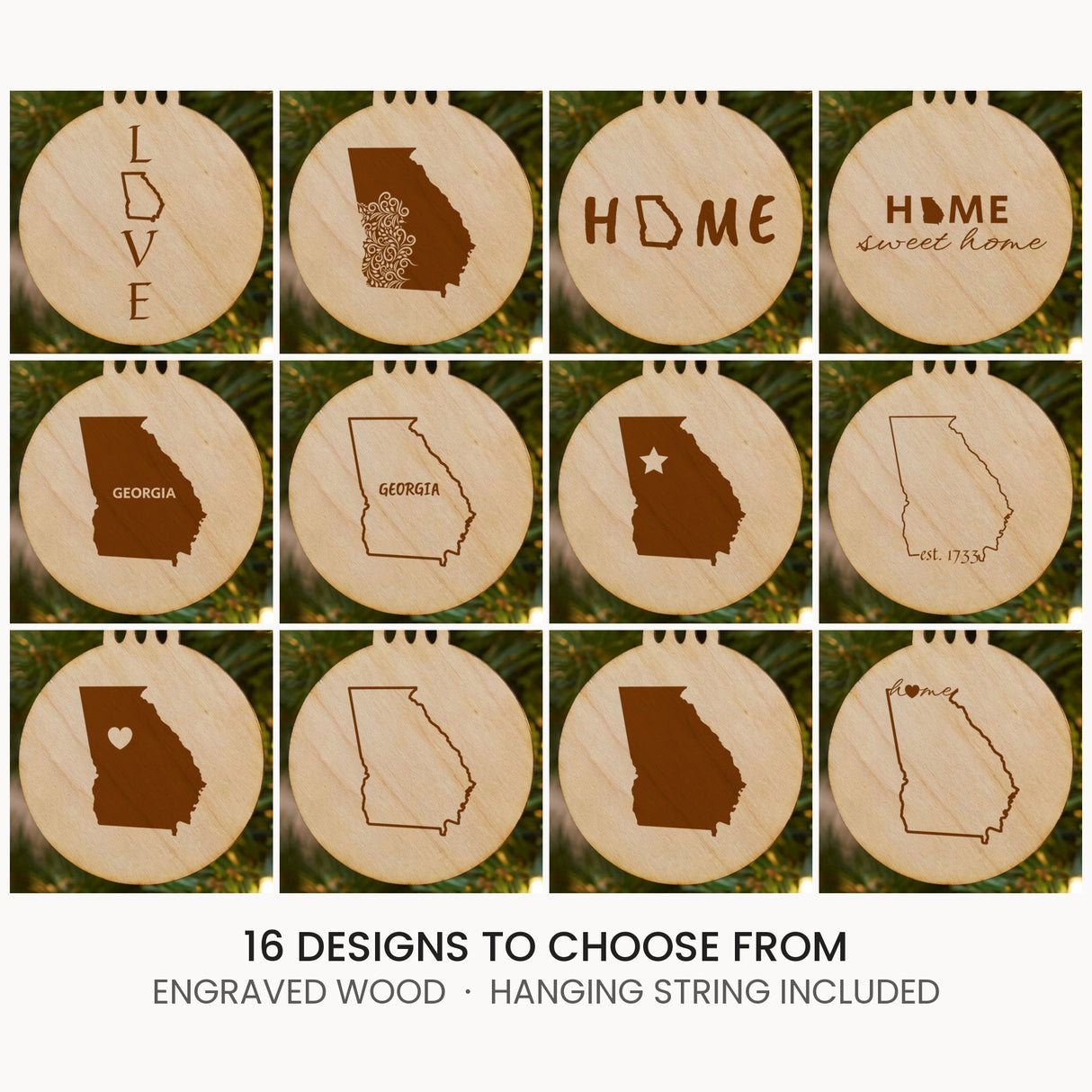 Georgia wood Christmas ornament, laser engraved natural wood