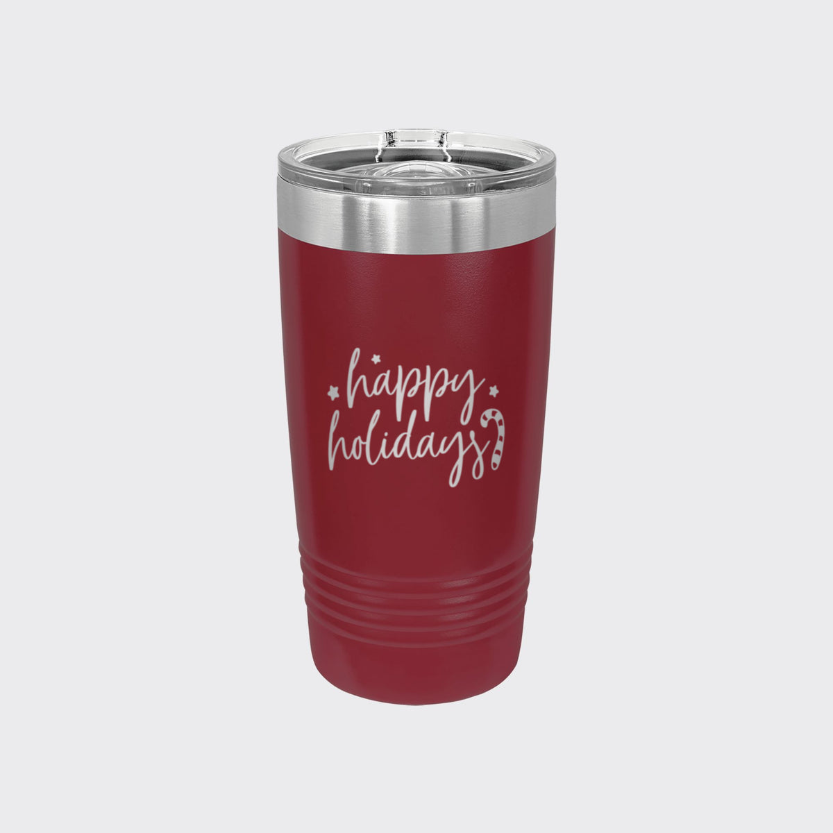 Maroon 20 oz tumbler laser engraved with "Happy Holidays"