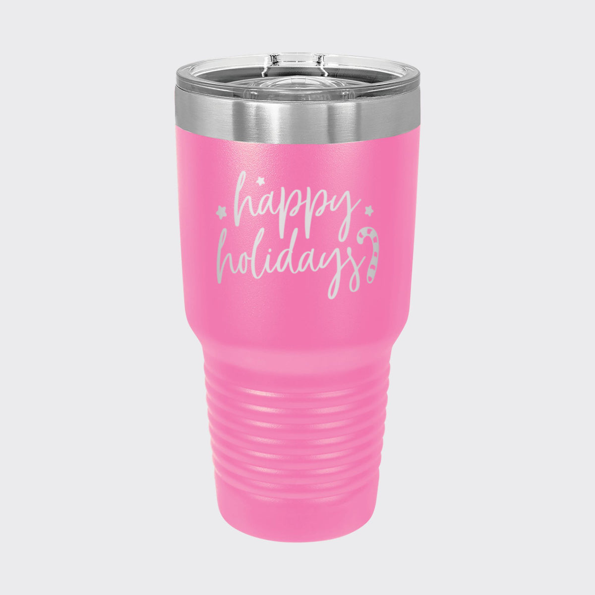Pink 30 oz tumbler laser engraved with "Happy Holidays"