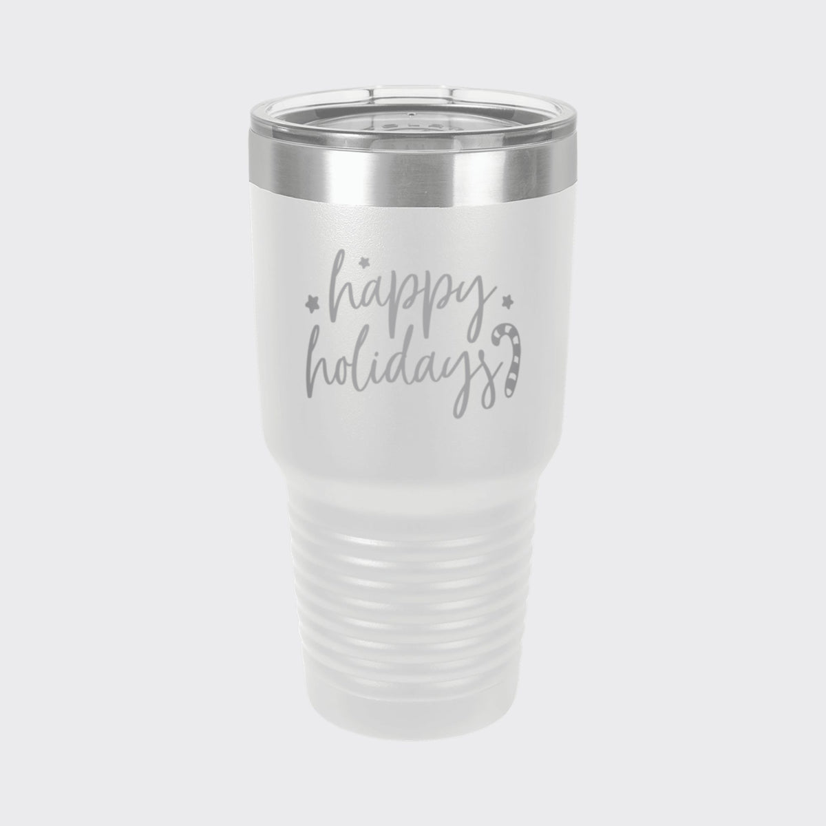 White 30 oz tumbler laser engraved with "Happy Holidays"