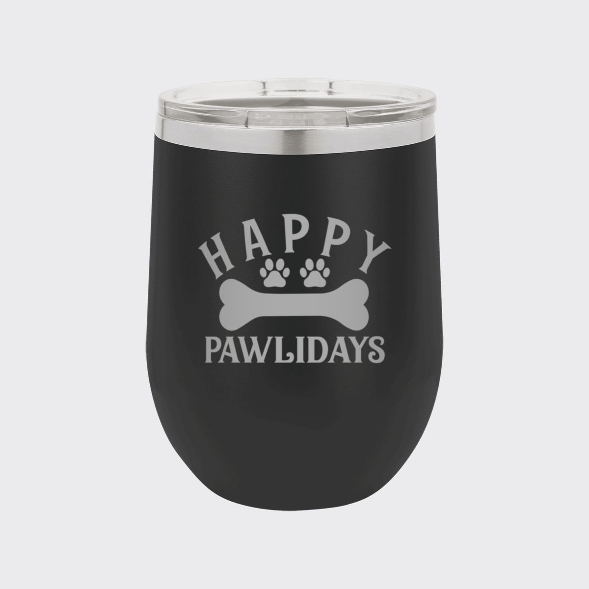 Black 12 oz stemless wine tumbler laser engraved with "Happy Pawlidays"