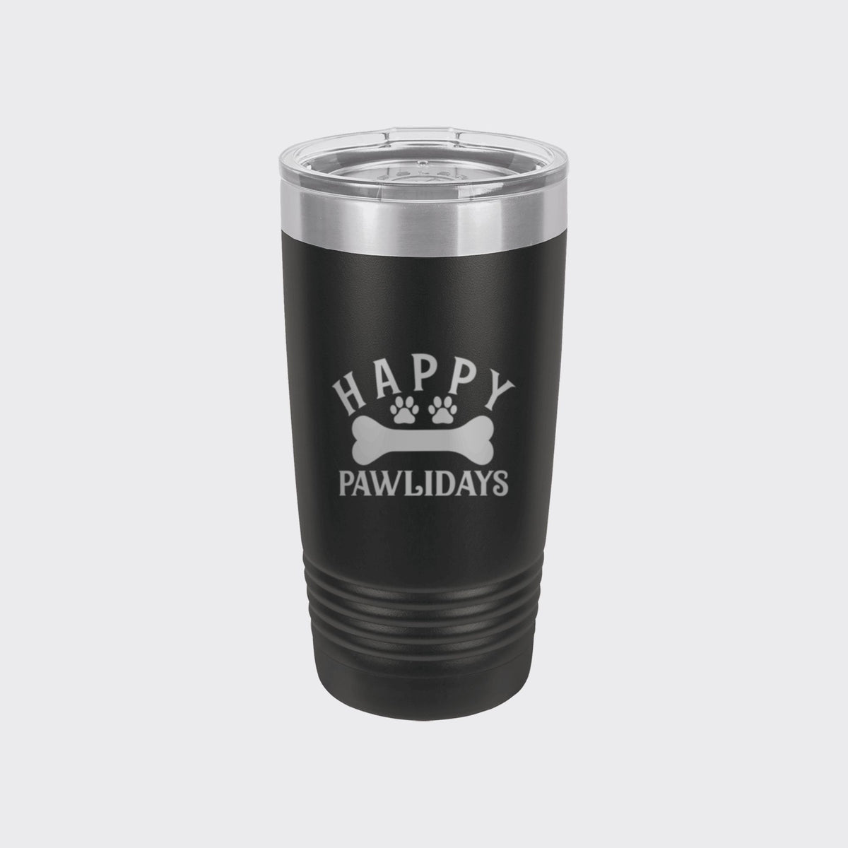Black 20 oz tumbler laser engraved with "Happy Pawlidays"