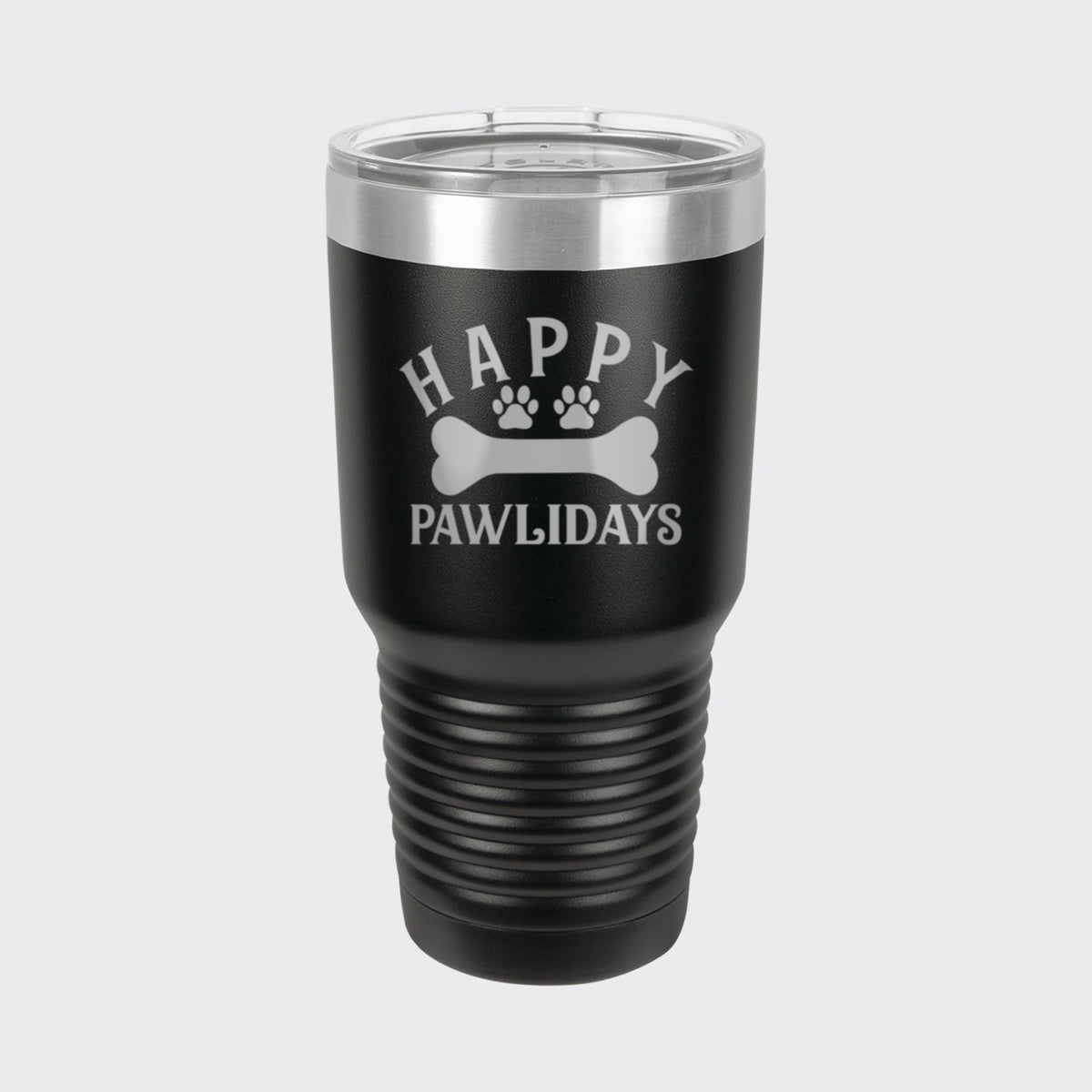 Black 30 oz tumbler laser engraved with "Happy Pawlidays"