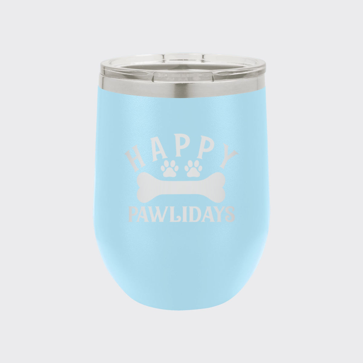 Light Blue 12 oz stemless wine tumbler laser engraved with "Happy Pawlidays"