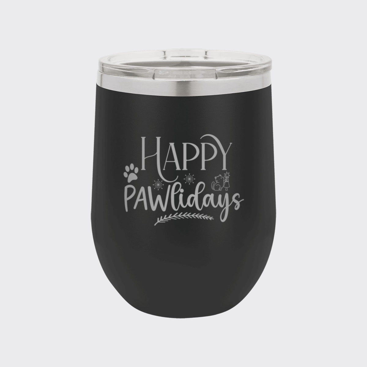 Black 12 oz stemless wine tumbler laser engraved with "Happy Pawlidays"