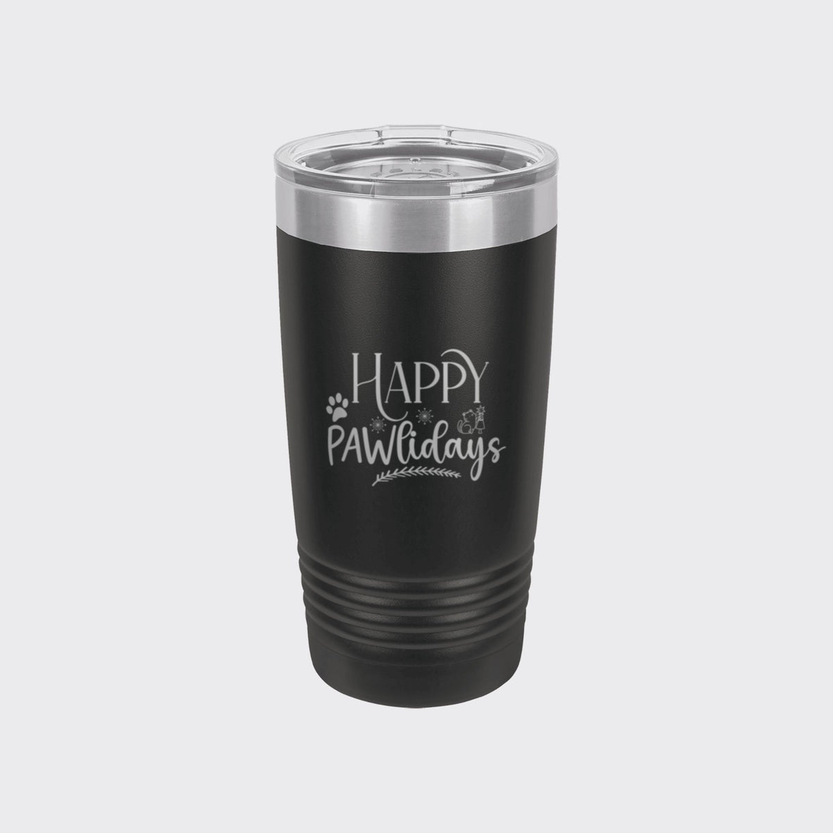 Black 20 oz tumbler laser engraved with "Happy Pawlidays"
