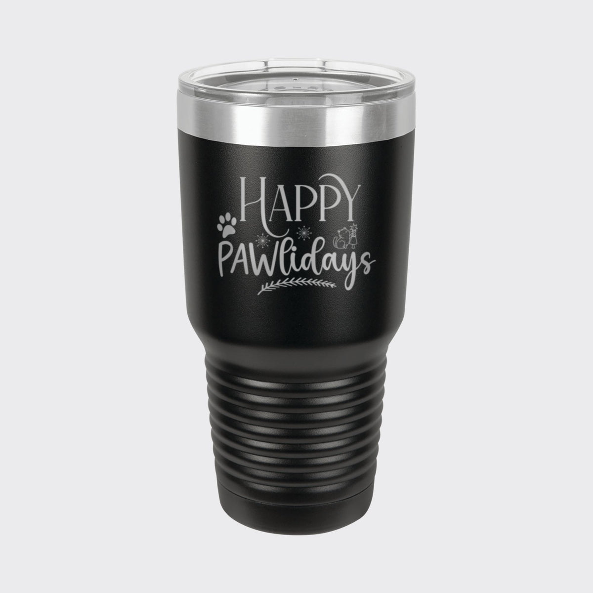 Black 30 oz tumbler laser engraved with "Happy Pawlidays"