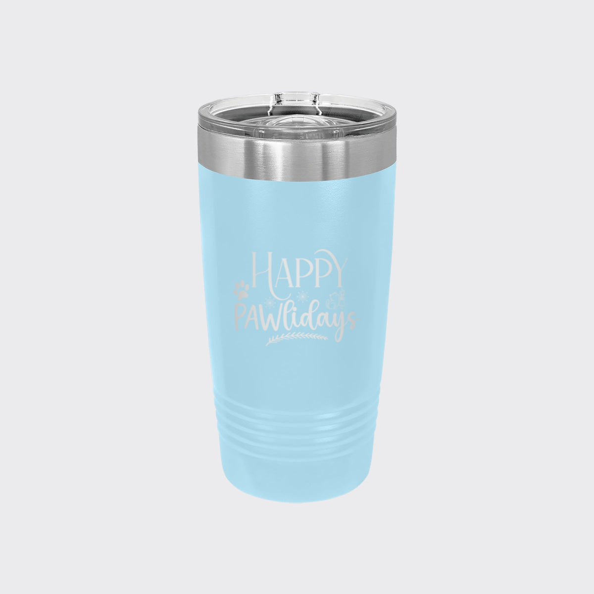 Light Blue 20 oz tumbler laser engraved with "Happy Pawlidays"
