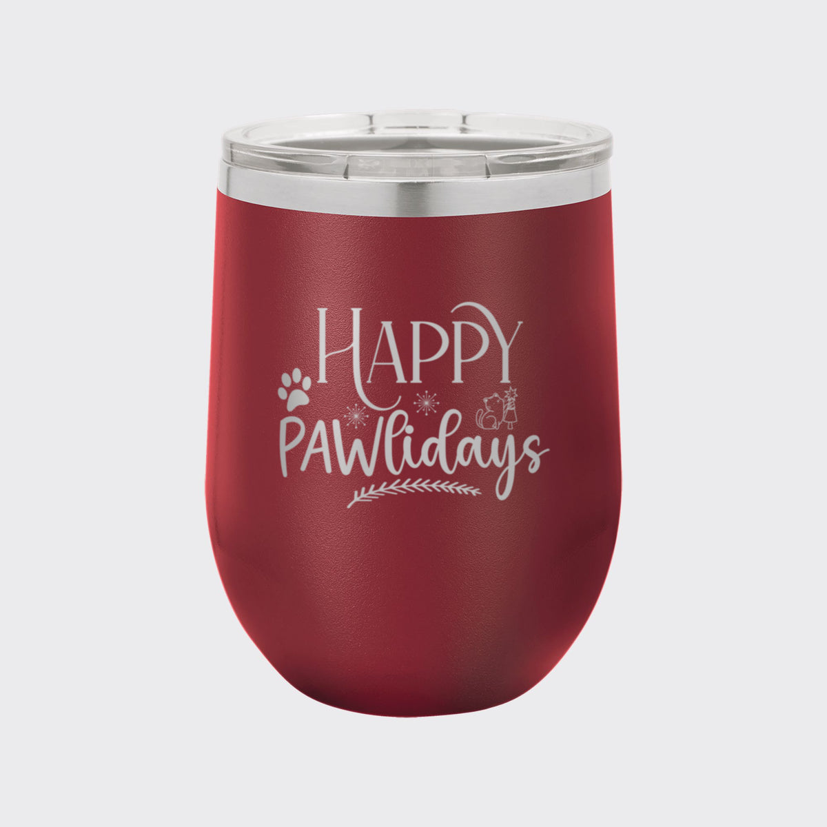 Maroon 12 oz stemless wine tumbler laser engraved with "Happy Pawlidays"