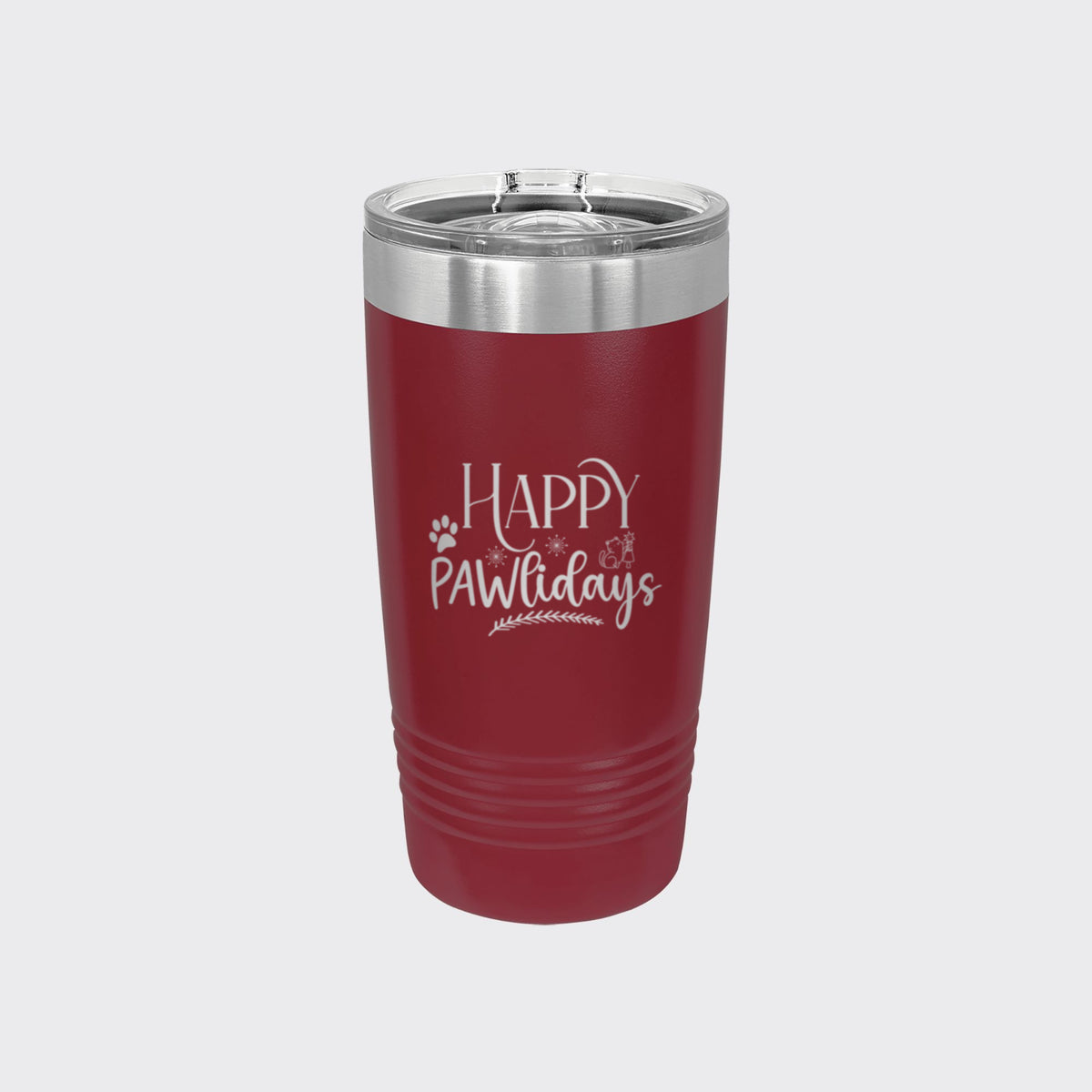 Maroon 20 oz tumbler laser engraved with "Happy Pawlidays"