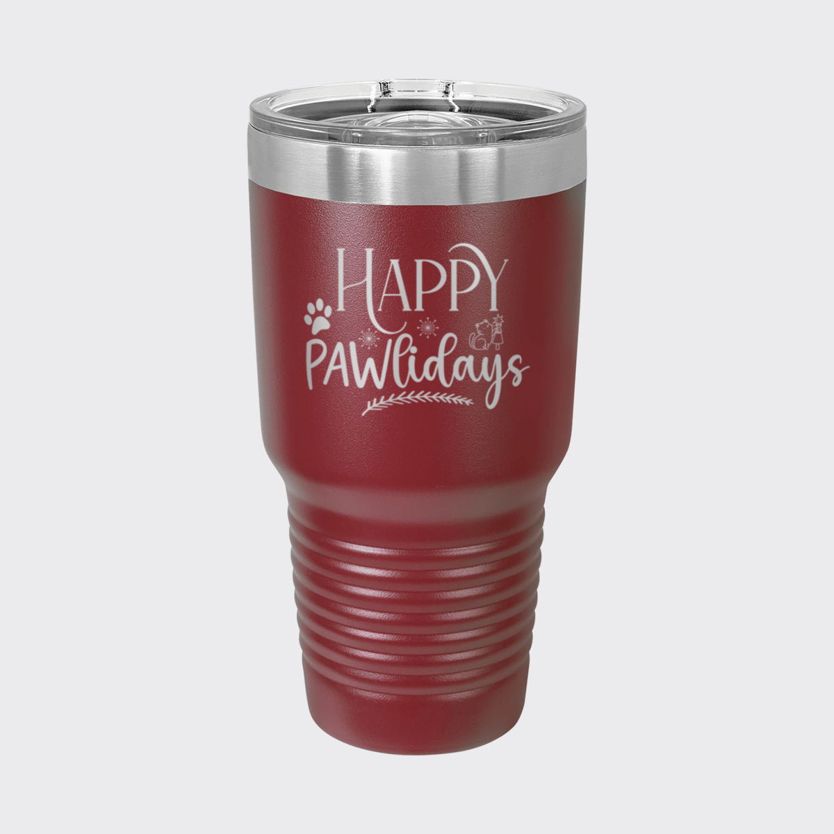 Maroon 30 oz tumbler laser engraved with "Happy Pawlidays"