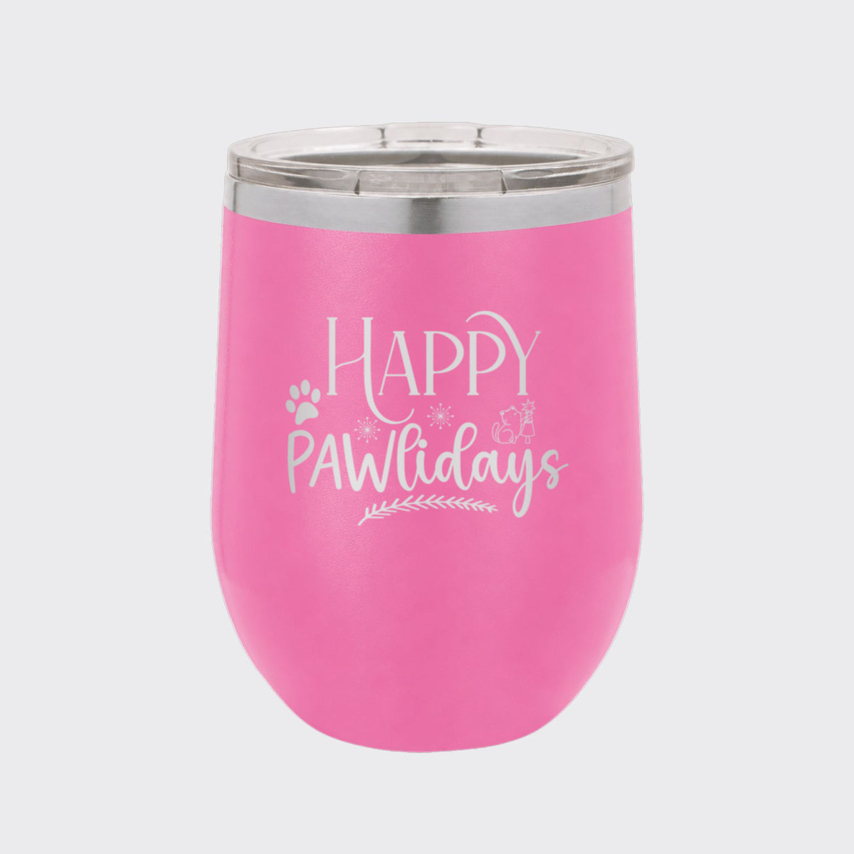 Pink 12 oz stemless wine tumbler laser engraved with "Happy Pawlidays"